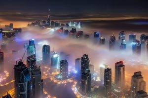cityscape, Skyscraper, Mist, Lights, Architecture, Urban, Landscape, Dubai, Building, Modern, Night, United Arab Emirates, Desert