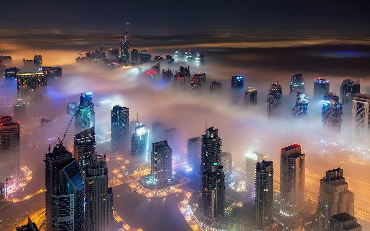 cityscape, Skyscraper, Mist, Lights, Architecture, Urban, Landscape, Dubai, Building, Modern, Night, United Arab Emirates, Desert HD Wallpaper Desktop Background