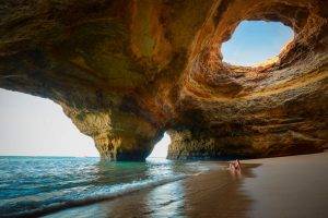 nature, Landscape, Sea, Cave, Beach, Sand, Women Outdoors, Erosion, Portugal, Summer