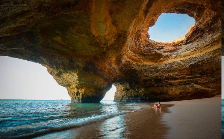 nature, Landscape, Sea, Cave, Beach, Sand, Women Outdoors, Erosion, Portugal, Summer HD Wallpaper Desktop Background