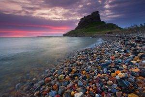 castle, Ancient, Beach, Stones, England, Sea, Sunset, Nature, Landscape, Sky, Clouds, History