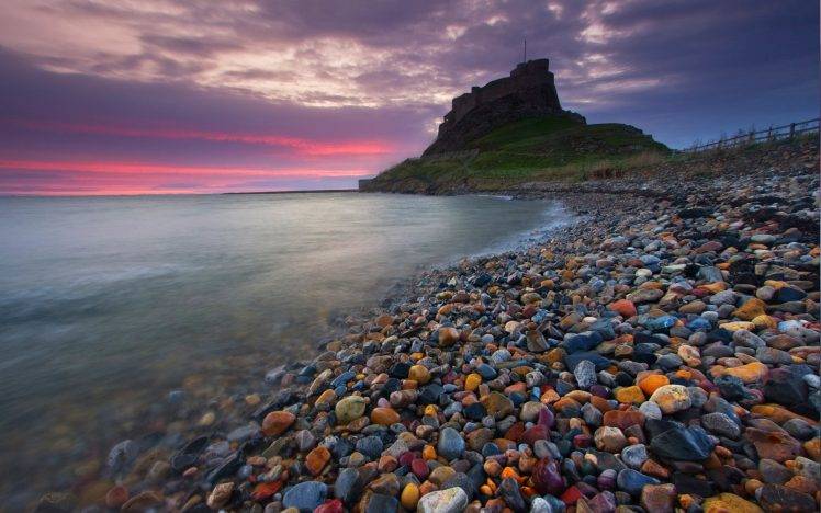 castle, Ancient, Beach, Stones, England, Sea, Sunset, Nature, Landscape, Sky, Clouds, History HD Wallpaper Desktop Background