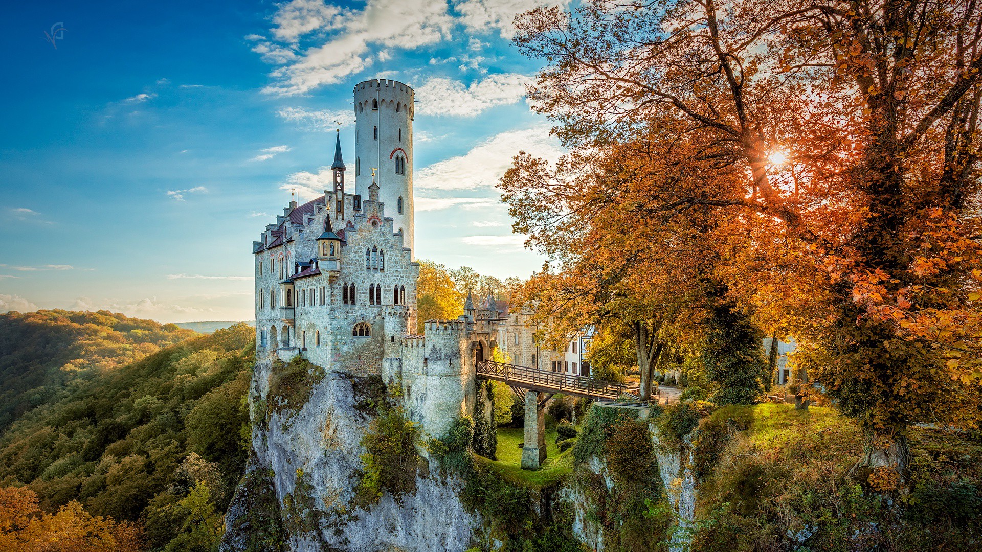 landscape, HDR, Nature, Cliff, Fall, Trees, Sunlight, Castle, Architecture, Building, Old Building, Tower, Bridge, Forest, Germany Wallpaper