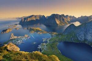 landscape, Norway, Lofoten, Nature, Bay, Europe, Mountain, Sunlight, Clear Sky, Sunset, Harbor, Town, Coast, Sea, Fjord