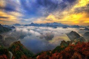 nature, Landscape, Sunrise, Mountain, Lake, Forest, Sky, Clouds, Mist, Road, Fall, Water, Morning, South Korea