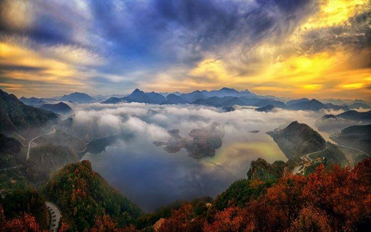 nature, Landscape, Sunrise, Mountain, Lake, Forest, Sky, Clouds, Mist, Road, Fall, Water, Morning, South Korea HD Wallpaper Desktop Background