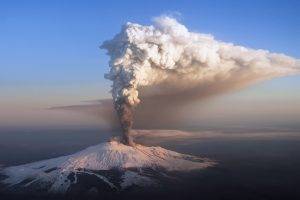 volcano, Smoke, Sky, Snow, Forest, Snowy Peak, Nature, Landscape, Mountain, Sicily, Italy, Etna, Eruption, Winter, Fire, Lava, Clouds, Clear Sky, Aerial View