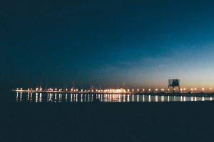bridge, Sea, Poland, Blue, Evening, Landscape, Lights