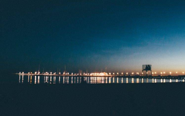 bridge, Sea, Poland, Blue, Evening, Landscape, Lights HD Wallpaper Desktop Background