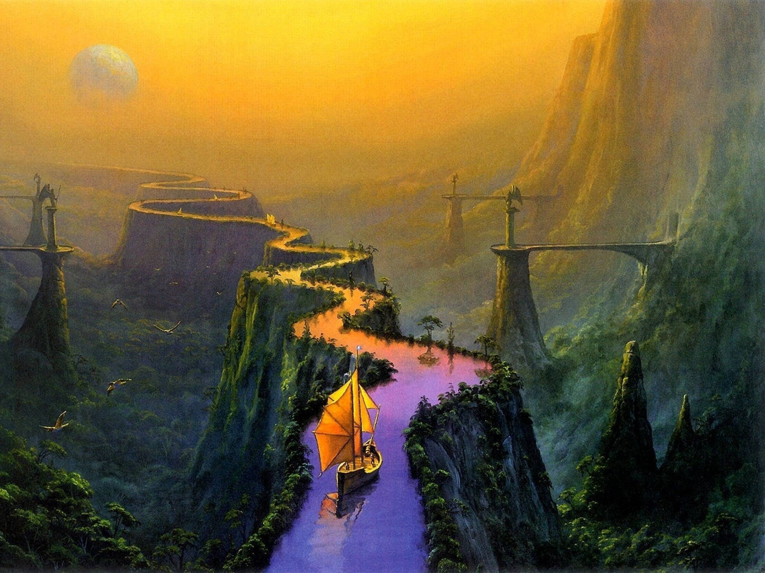 river, Boat, Fantasy Art, Landscape Wallpaper