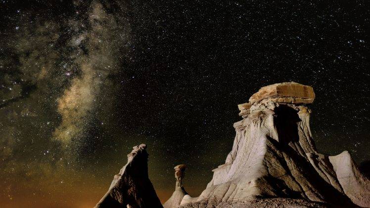 nature, Landscape, Mountain, Rock, Sky, Night, Stars, Milky Way, Shadow, Rock Formation HD Wallpaper Desktop Background