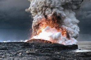 nature, Landscape, Water, Sea, Coast, Eruption, Lava, Volcano, Smoke, Clouds, Long Exposure