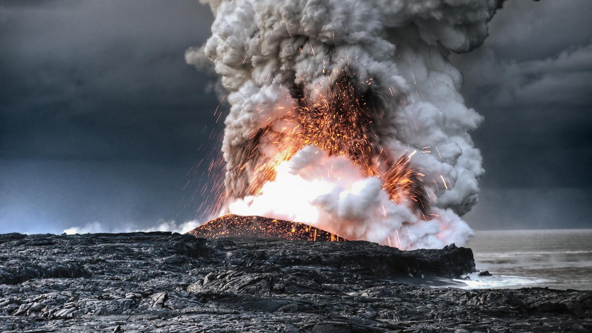 Nature Landscape Water Sea Coast Eruption Lava Volcano Smoke Clouds Long Exposure 