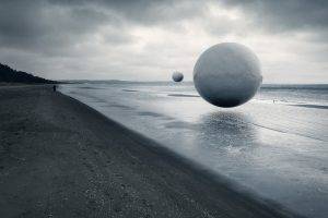 nature, Landscape, Water, Sea, Coast, Artwork, Ball, Sand, Beach, People, Alone, Trees, Forest, Monochrome, Clouds, Photo Manipulation, Sphere, Overcast
