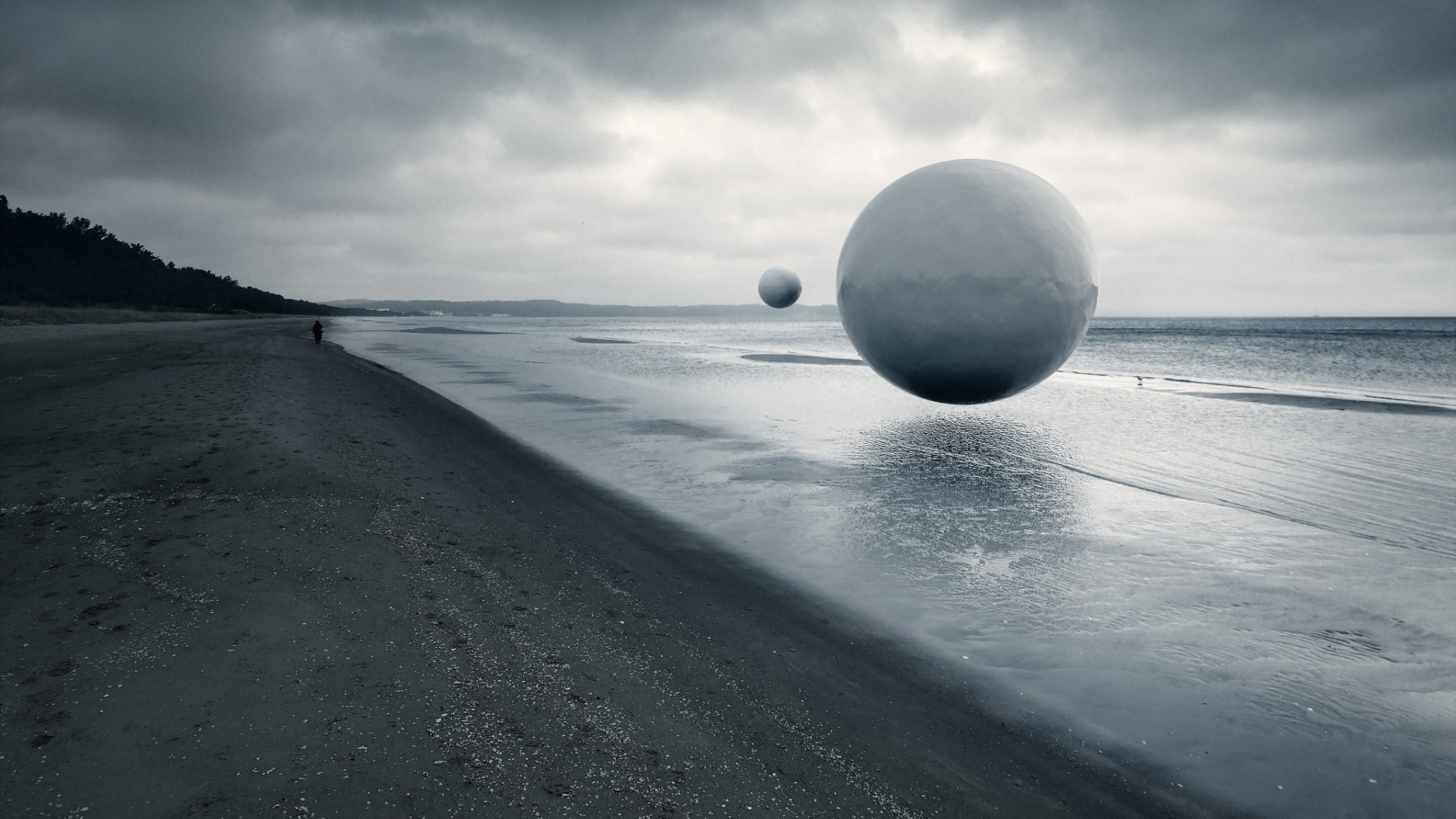 nature, Landscape, Water, Sea, Coast, Artwork, Ball, Sand, Beach, People, Alone, Trees, Forest, Monochrome, Clouds, Photo Manipulation, Sphere, Overcast Wallpaper