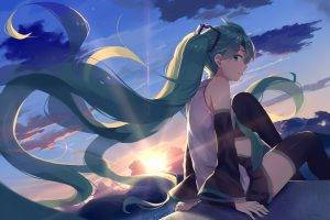 Vocaloid, Anime Girls, Long Hair, Bangs, Twintails, Hair Ornament, Green Eyes, Green Hair, Sitting, Bare Shoulders, Detached Sleeves, Thigh highs, Skirt, Looking Back, Sunset, Hatsune Miku