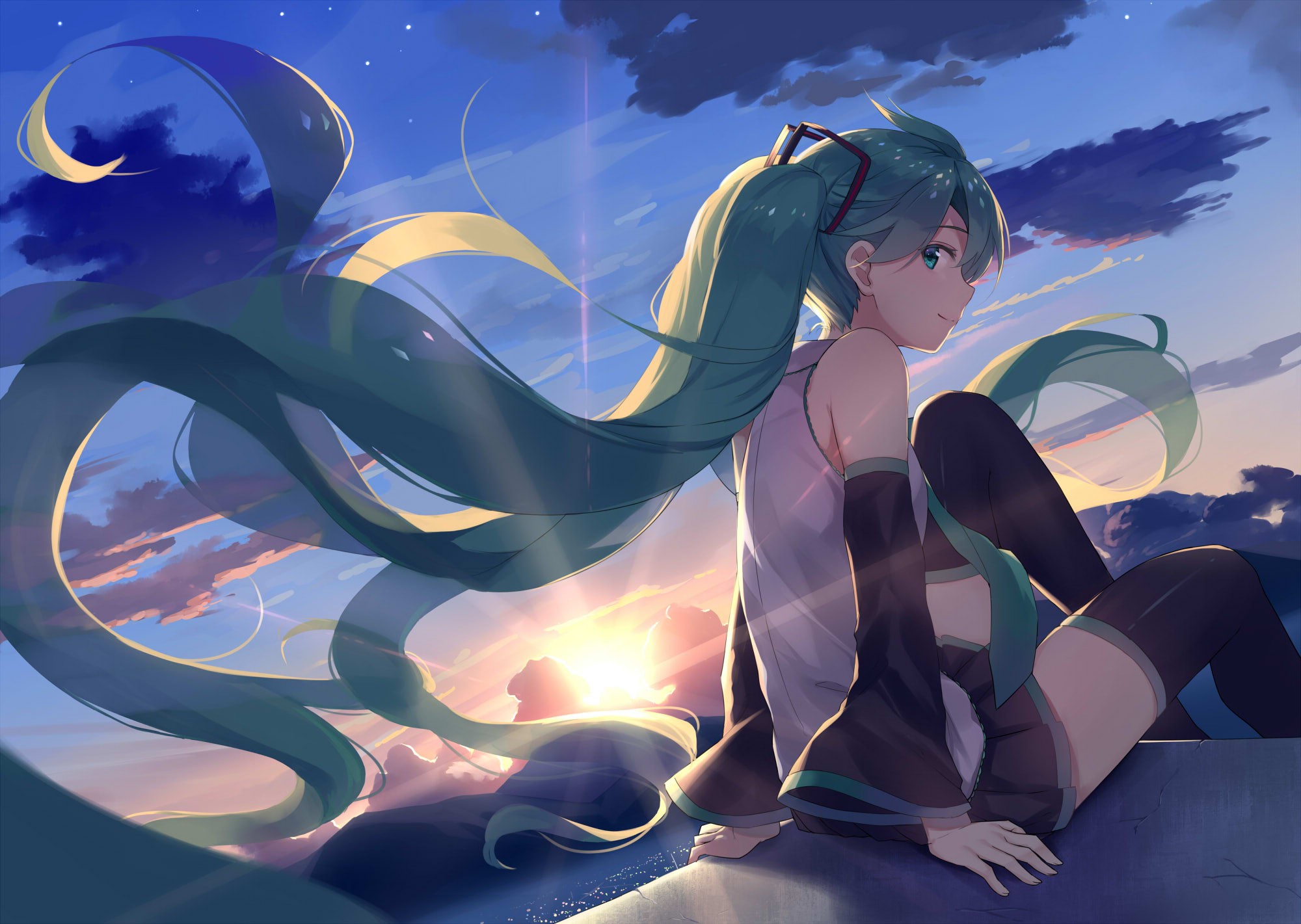 Vocaloid, Anime Girls, Long Hair, Bangs, Twintails, Hair Ornament, Green Eyes, Green Hair, Sitting, Bare Shoulders, Detached Sleeves, Thigh highs, Skirt, Looking Back, Sunset, Hatsune Miku Wallpaper
