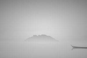 nature, Landscape, Water, Lake, Hill, Mist, Boat, People, Reflection, Simple, Monochrome, Gray