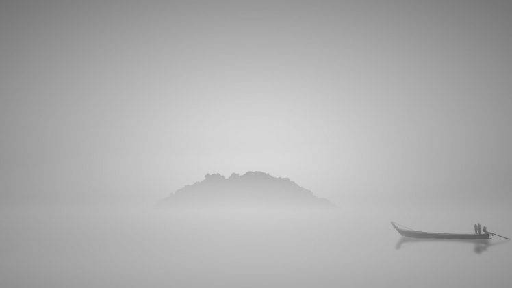 nature, Landscape, Water, Lake, Hill, Mist, Boat, People, Reflection, Simple, Monochrome, Gray HD Wallpaper Desktop Background