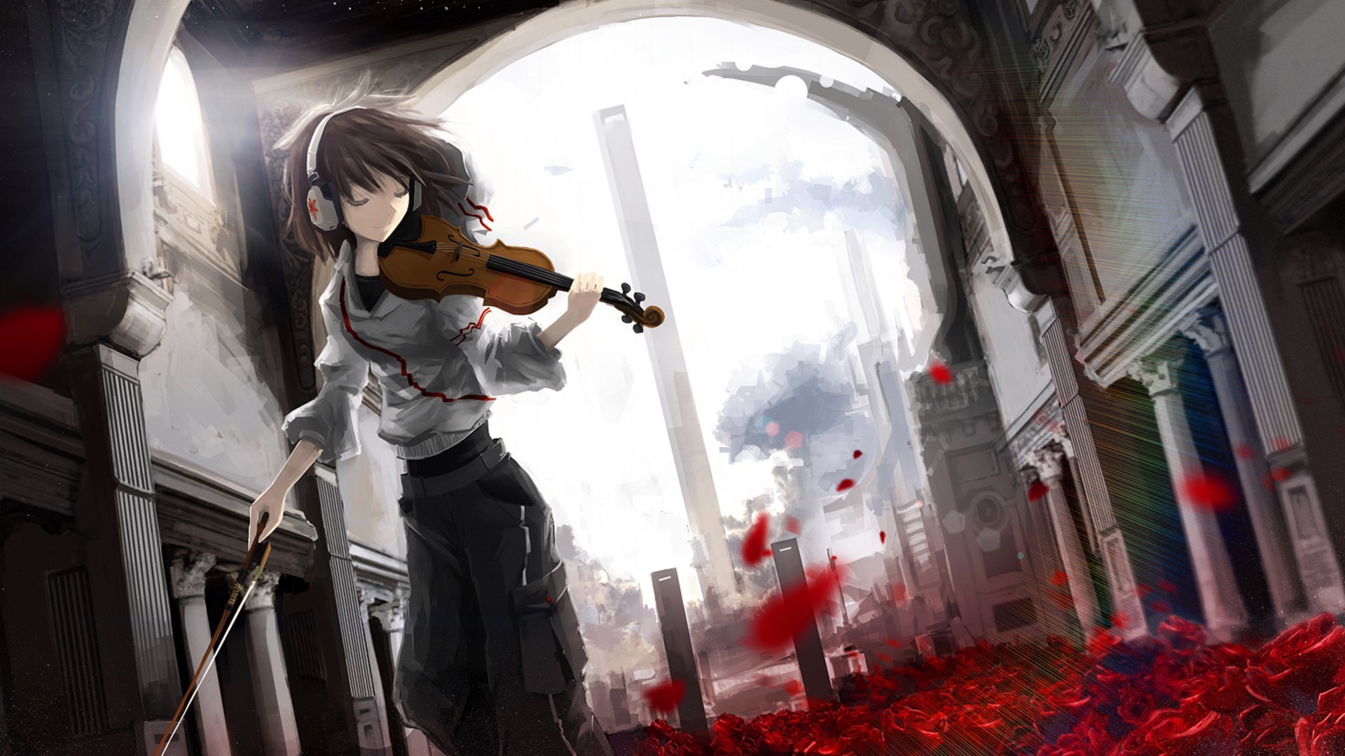 anime, Anime Girls, Violin, Headphones, Rose, Leaves, Building, Architecture, Original Characters Wallpaper