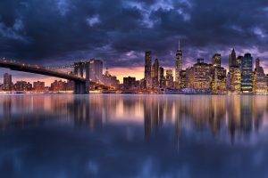 landscape, Cityscape, Skyscraper, Bridge, Lights, Clouds, Manhattan, New York City, Evening, Architecture, Water, Panoramas, Modern, Urban, Building, Reflection, Sea