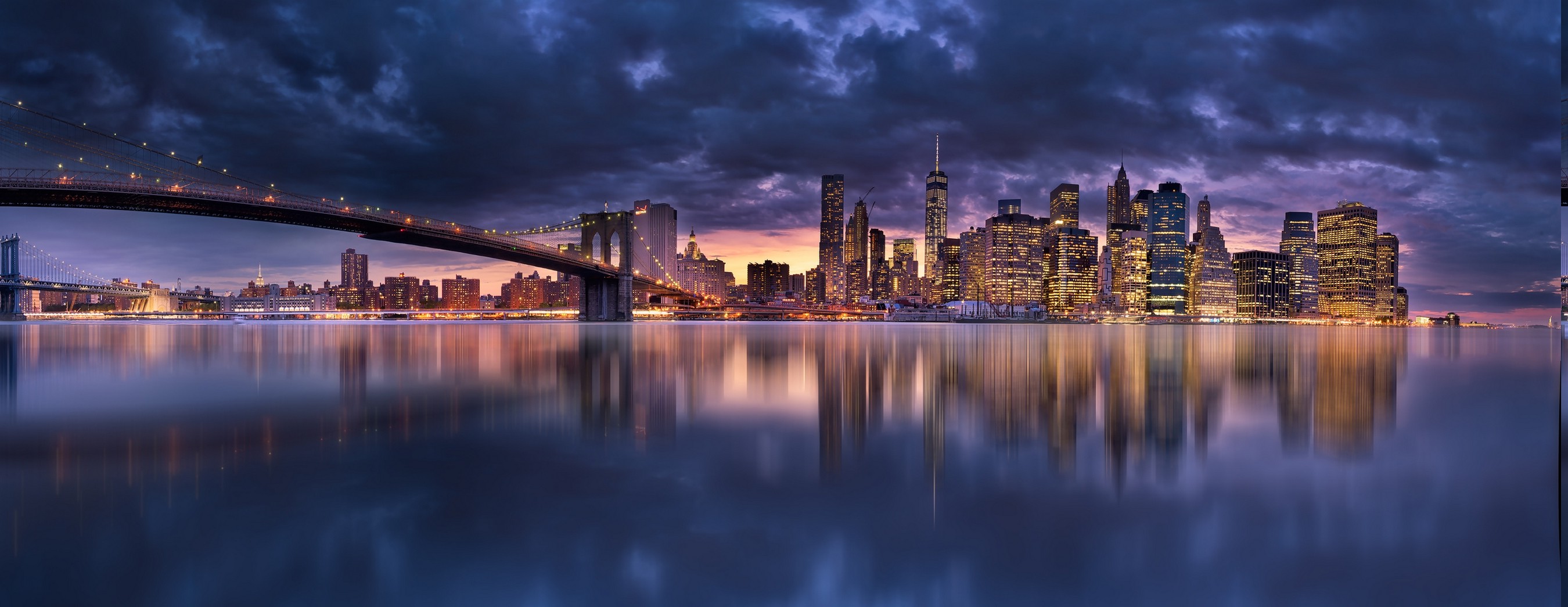 landscape, Cityscape, Skyscraper, Bridge, Lights, Clouds, Manhattan, New York City, Evening, Architecture, Water, Panoramas, Modern, Urban, Building, Reflection, Sea Wallpaper