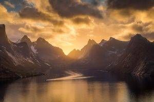 nature, Landscape, Mountain, Sky, Fjord, Sea, Norway, Sunset, Clouds, Island, Snowy Peak