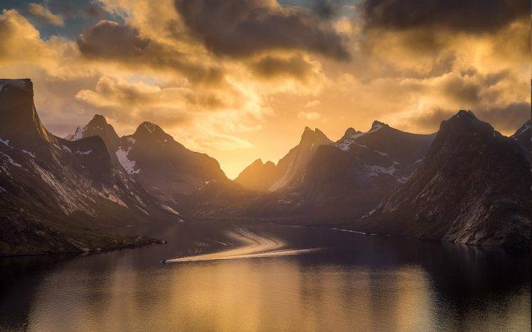 nature, Landscape, Mountain, Sky, Fjord, Sea, Norway, Sunset, Clouds, Island, Snowy Peak HD Wallpaper Desktop Background