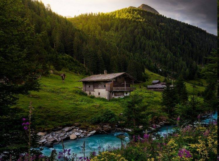 nature, Landscape, River, Cottage, Forest, Alps, Wildflowers, Austria, Mountain, Sunrise, Spring, Trees, Water, Green, Turquoise HD Wallpaper Desktop Background
