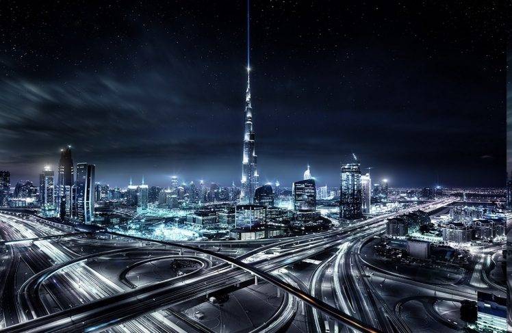 landscape, Cityscape, Skyscraper, Architecture, Urban, Dubai, Starry Night, Lights, Mist, Highway, Building, United Arab Emirates HD Wallpaper Desktop Background