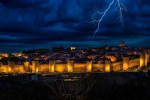 landscape, Lightning, Clouds, Nature, Spain, Lights, City, Evening, Sky, Gold, Blue