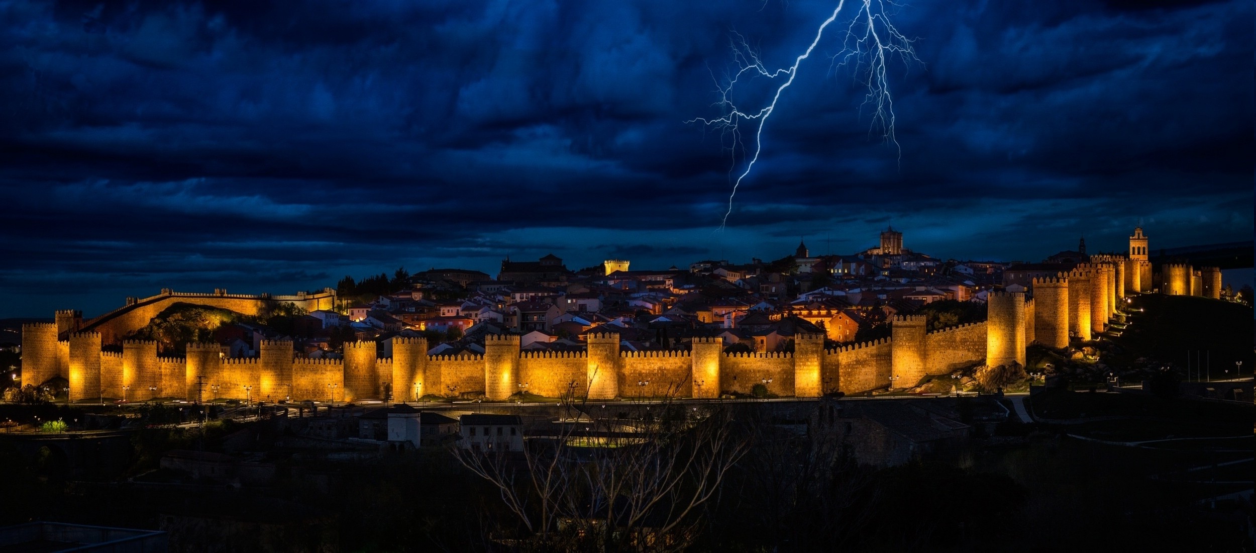 landscape, Lightning, Clouds, Nature, Spain, Lights, City, Evening, Sky, Gold, Blue Wallpaper