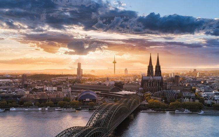 landscape, Nature, Cityscape, Cologne, Germany, Sunset, River, Church, Bridge, Sky, Clouds, Architecture, Urban, Cologne Cathedral HD Wallpaper Desktop Background