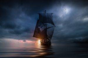 landscape, Nature, Sea, Clouds, Sunset, Sailing Ship, Storm, Blue, Water, Birds, Flying