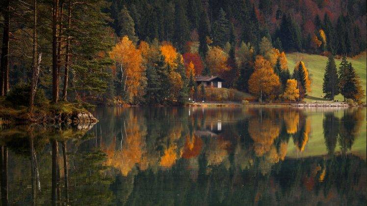 landscape, Nature, Lake, Forest, House, Fall, Reflection, Water, Trees HD Wallpaper Desktop Background
