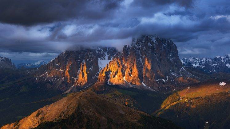 landscape, Mountain, Snowy Peak, Clouds, Sunset, Forest, Italy, Alps HD Wallpaper Desktop Background