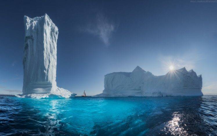 nature, Landscape, Greenland, Ice, Sea, Sun Rays, Blue, Tower, Water, Turquoise, Summer, Iceberg HD Wallpaper Desktop Background