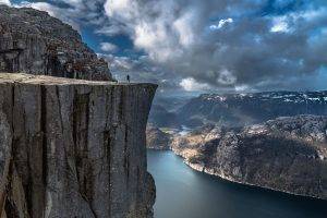 nature, Landscape, Fjord, Alone, Cliff, Mountain, Norway, Preikestolen, Sea, Rock, Calm, Water, Valley, Europe, Clouds