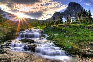 landscape, Water, Waterfall, Mountain, Sunrise, Sunlight, Sky