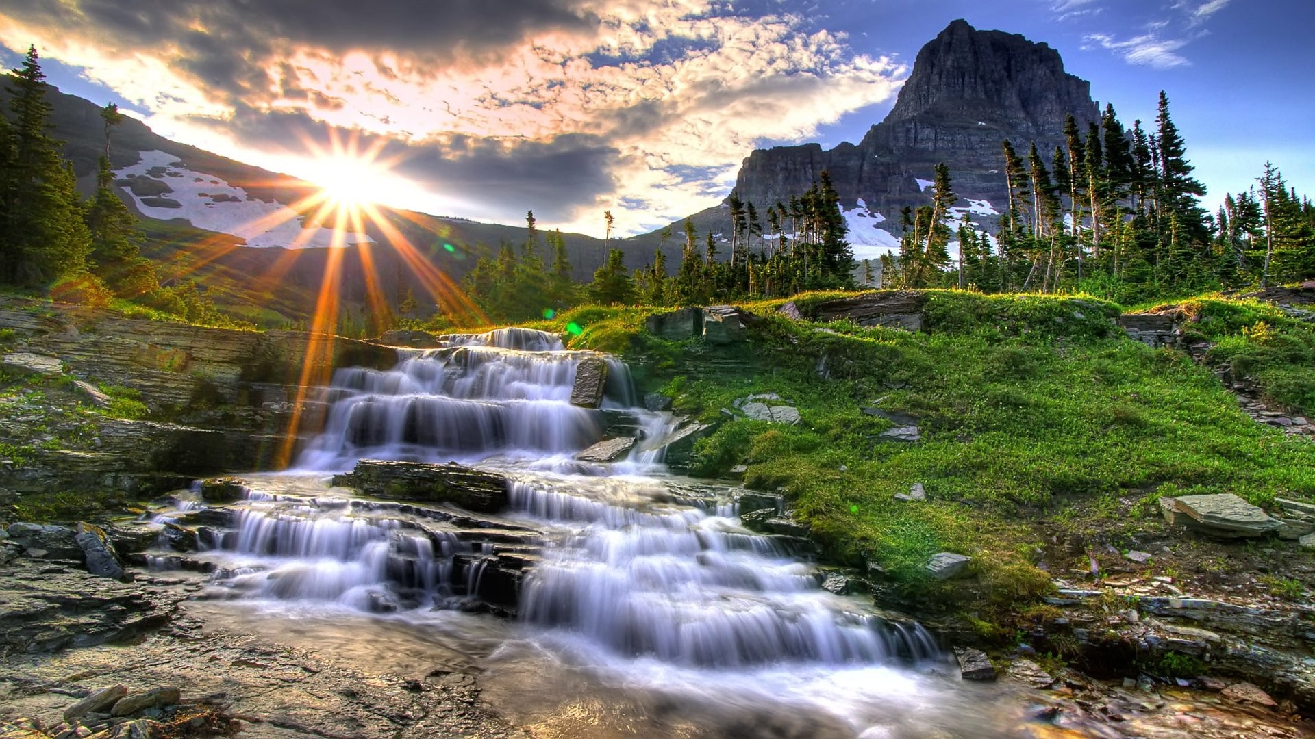 landscape, Water, Waterfall, Mountain, Sunrise, Sunlight, Sky Wallpaper