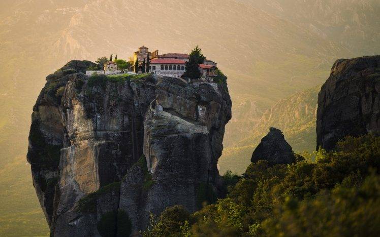 nature, Landscape, Monastery, Greece, Mist, Cliff, Shrubs, Architecture, Mountain, Rock, Meteora HD Wallpaper Desktop Background