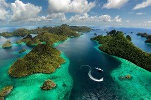 landscape, Nature, Island, Aerial View, Raja Ampat, Indonesia, Tropical, Sea, Clouds, Summer, Green, Blue, Water
