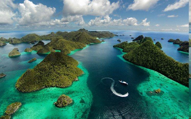 landscape, Nature, Island, Aerial View, Raja Ampat, Indonesia, Tropical, Sea, Clouds, Summer, Green, Blue, Water HD Wallpaper Desktop Background