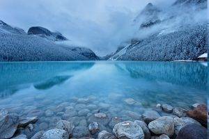 landscape, Nature, Lake, Mountain, Snow, Forest, Stones, Turquoise, Water, Winter, Mist, Cabin