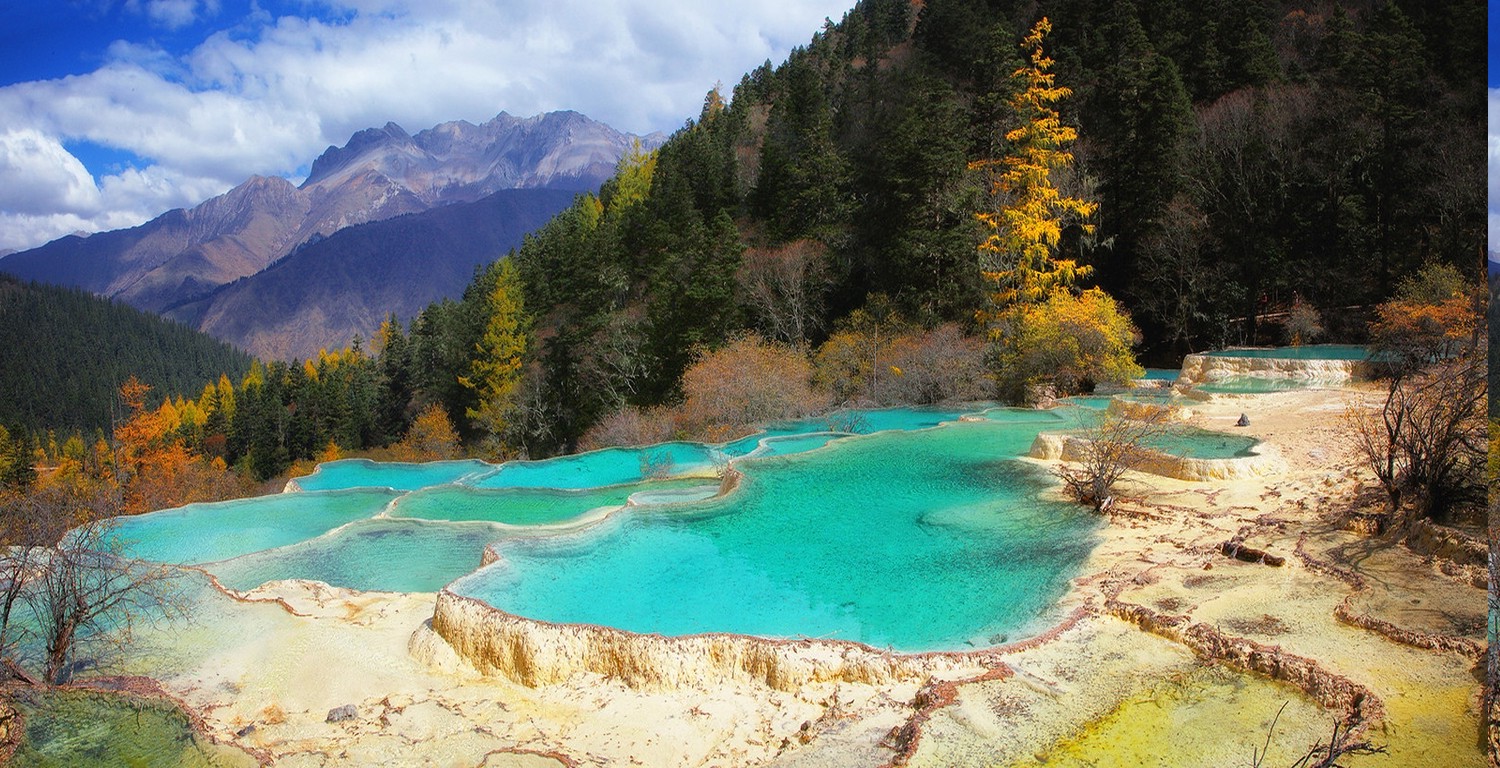 nature, Landscape, Terraces, Pond, Mountain, Forest, China, Fall, Trees, Clouds, Water, Turquoise Wallpaper