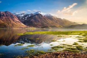 landscape, Lake, Mountain, Reflection, Water, Calm, Nature, Sunlight, Reeds, Snowy Peak