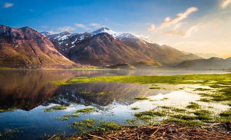 landscape, Lake, Mountain, Reflection, Water, Calm, Nature, Sunlight, Reeds, Snowy Peak HD Wallpaper Desktop Background
