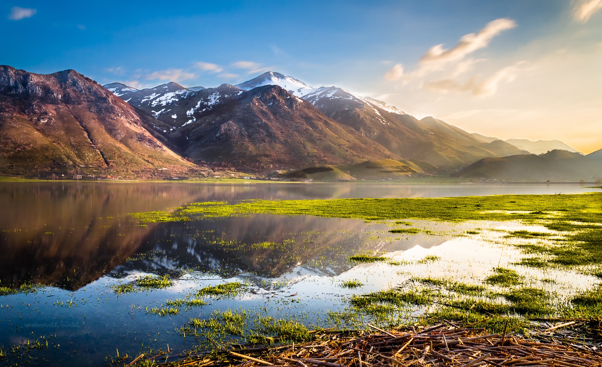 landscape, Lake, Mountain, Reflection, Water, Calm, Nature, Sunlight, Reeds, Snowy Peak Wallpaper