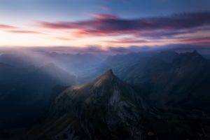 mist, Landscape, Morning, Nature, Sunrise, Mountain, Clouds, Switzerland, Sunlight, Alps, Sun Rays, Valley