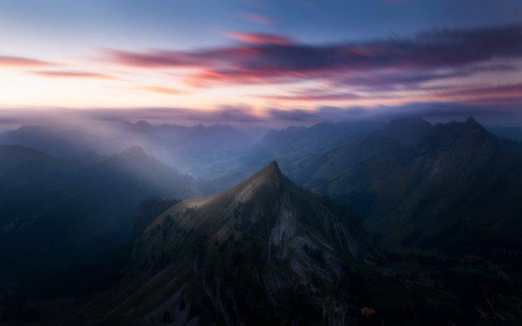 mist, Landscape, Morning, Nature, Sunrise, Mountain, Clouds, Switzerland, Sunlight, Alps, Sun Rays, Valley HD Wallpaper Desktop Background